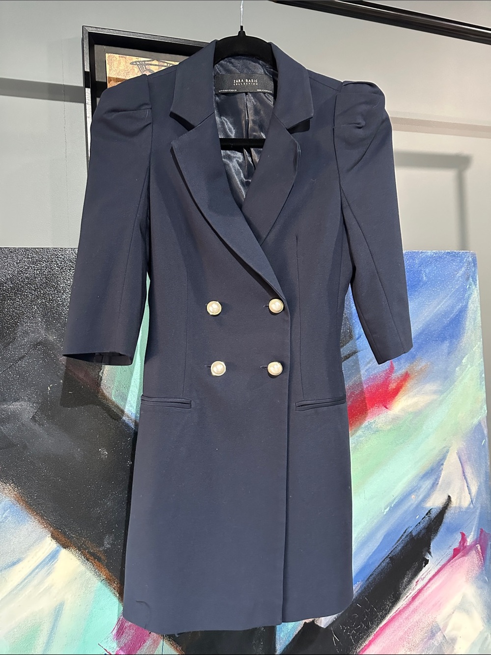 Zara Navy Double-Breasted Mini Blazer Dress with Pearl Buttons